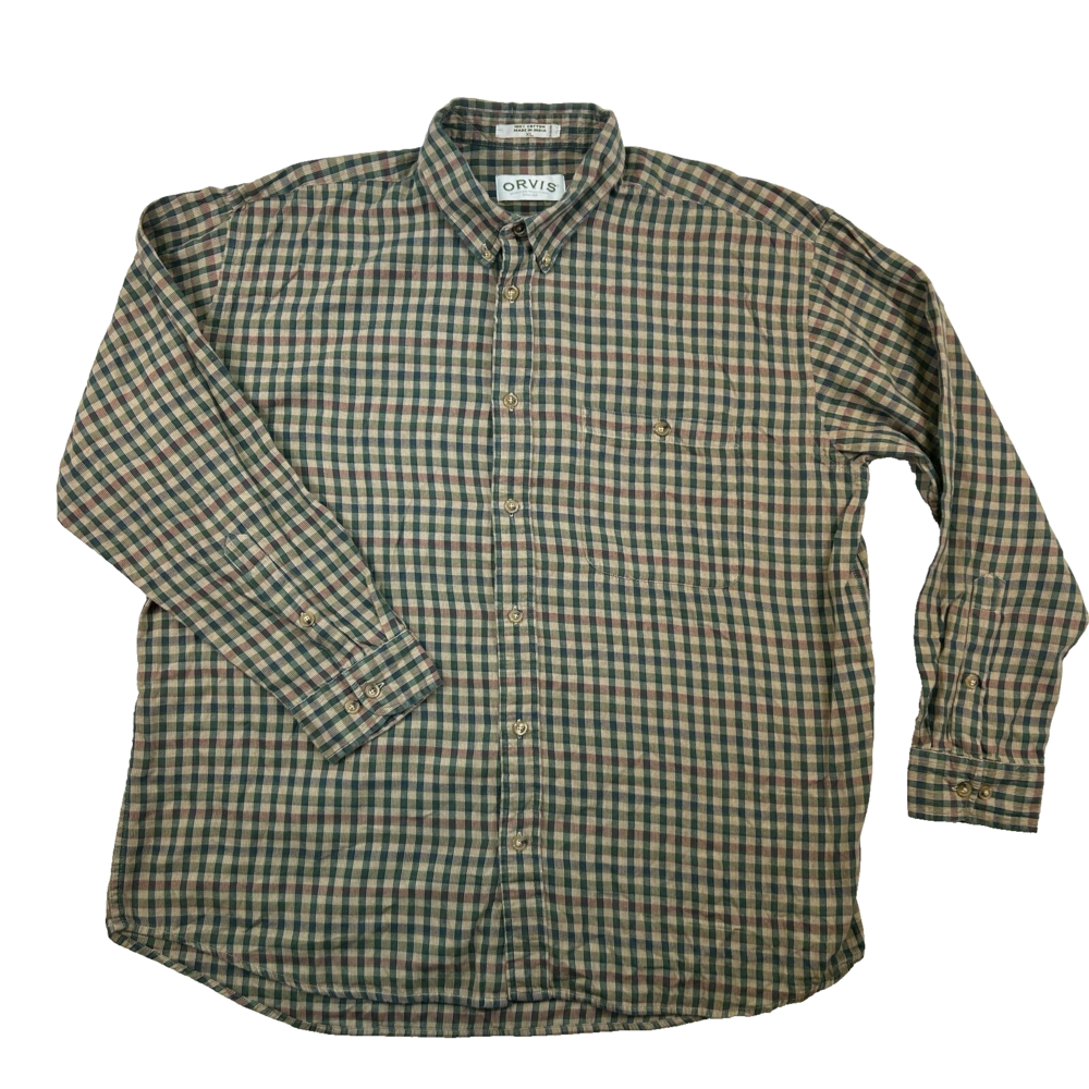 Orvis Shirt Mens XL Button Down Long Sleeve Plaid Green Brown Cotton Casual